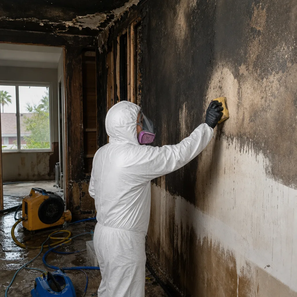Technician in hazmat suit cleaning soot from wall after fire damage