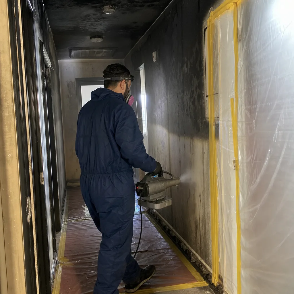Technician using professional fogging equipment for smoke and fire damage restoration