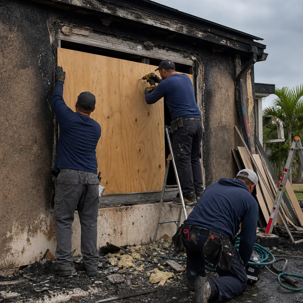 Restoration crew boarding up a home after fire damage