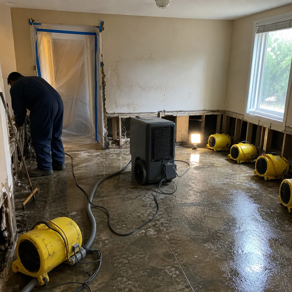 Water damage restoration professional using drying equipment in a residential room